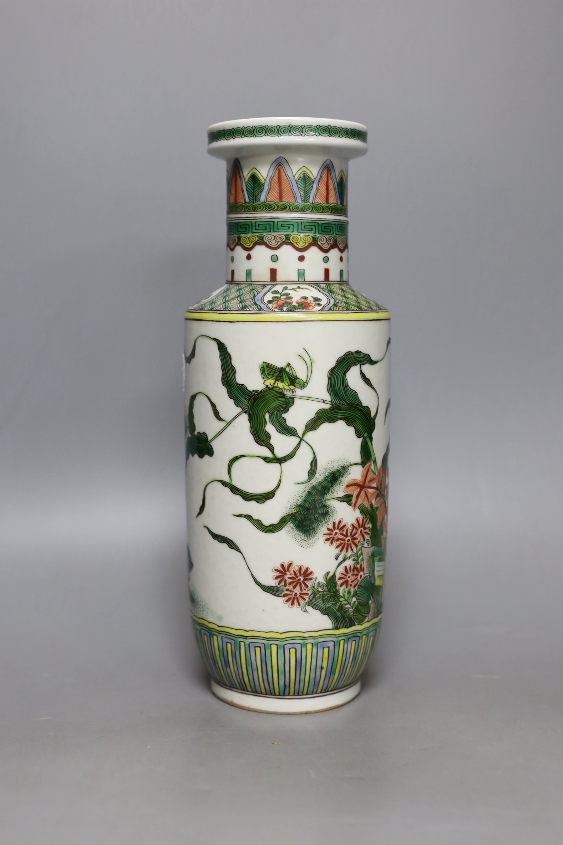 A Chinese famille verte rouleau vase, 28cm